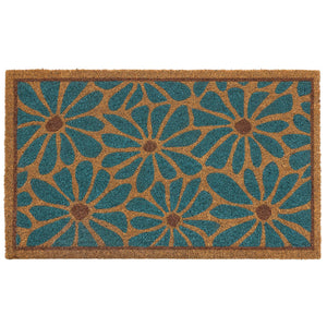 Boho Floral Coir Doormat. Made from 100% coconut husk fibres featuring a blue floral pattern.