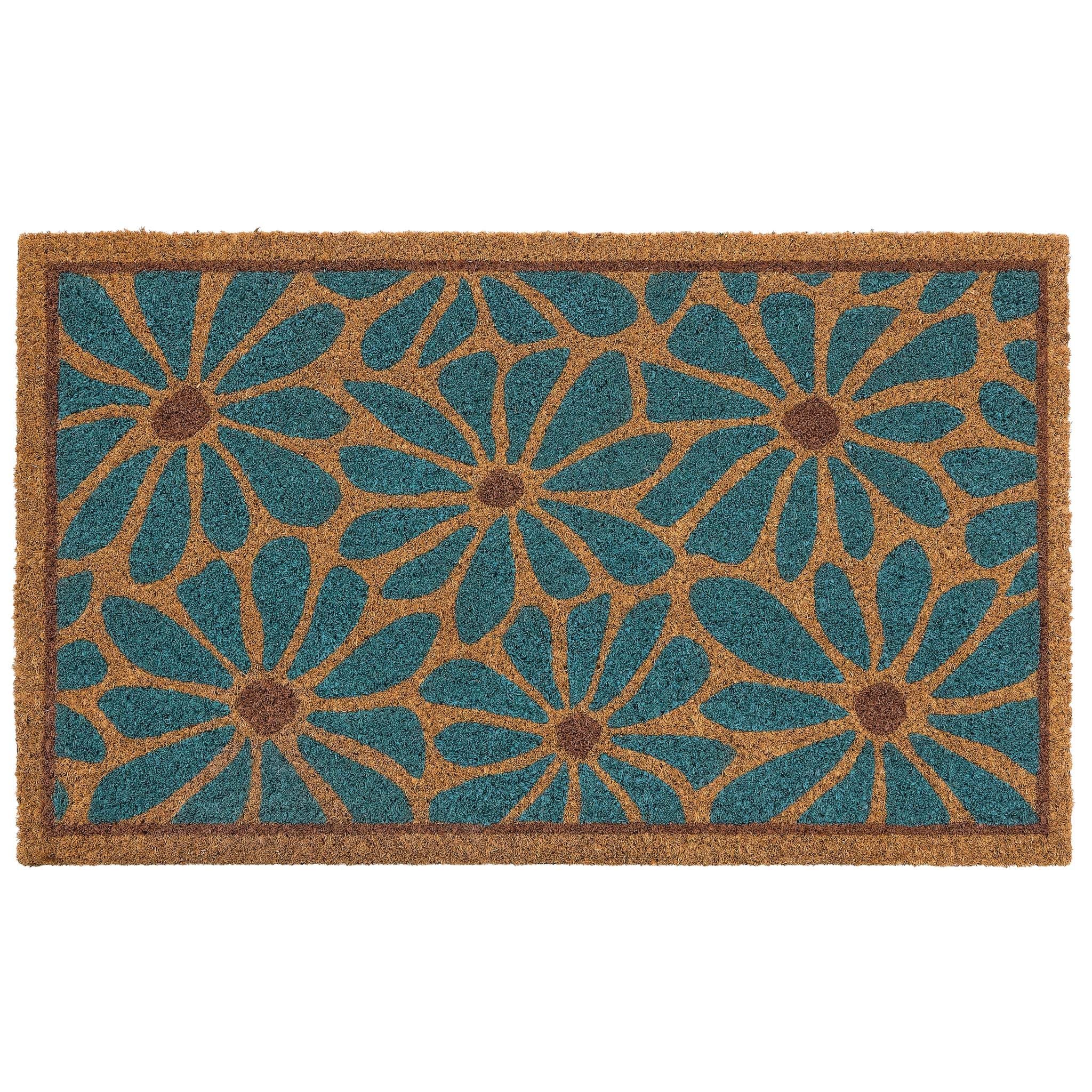 Boho Floral Coir Doormat. Made from 100% coconut husk fibres featuring a blue floral pattern.