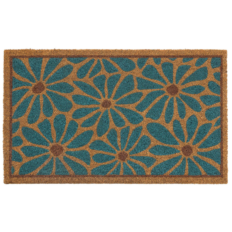 Boho Floral Coir Doormat. Made from 100% coconut husk fibres featuring a blue floral pattern.