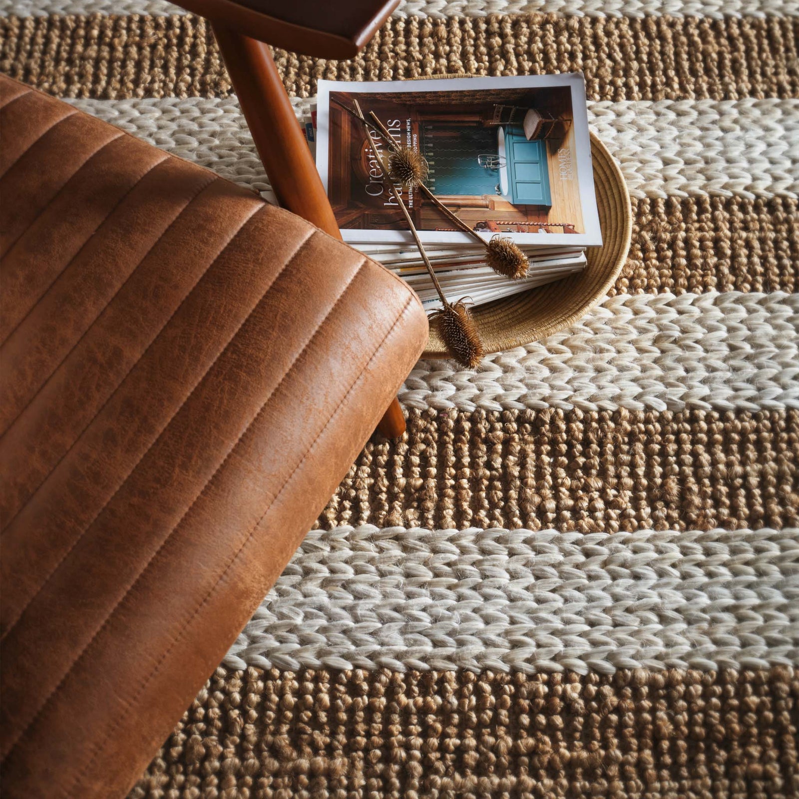 Close-up of Bondi Jute Stripe Cream\Natural Rug with a stripe design.