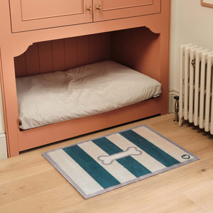 Bone Stripe Teal Doormat- 100% recycled cotton doormat featuring a striped pattern with a bone in the centre.
