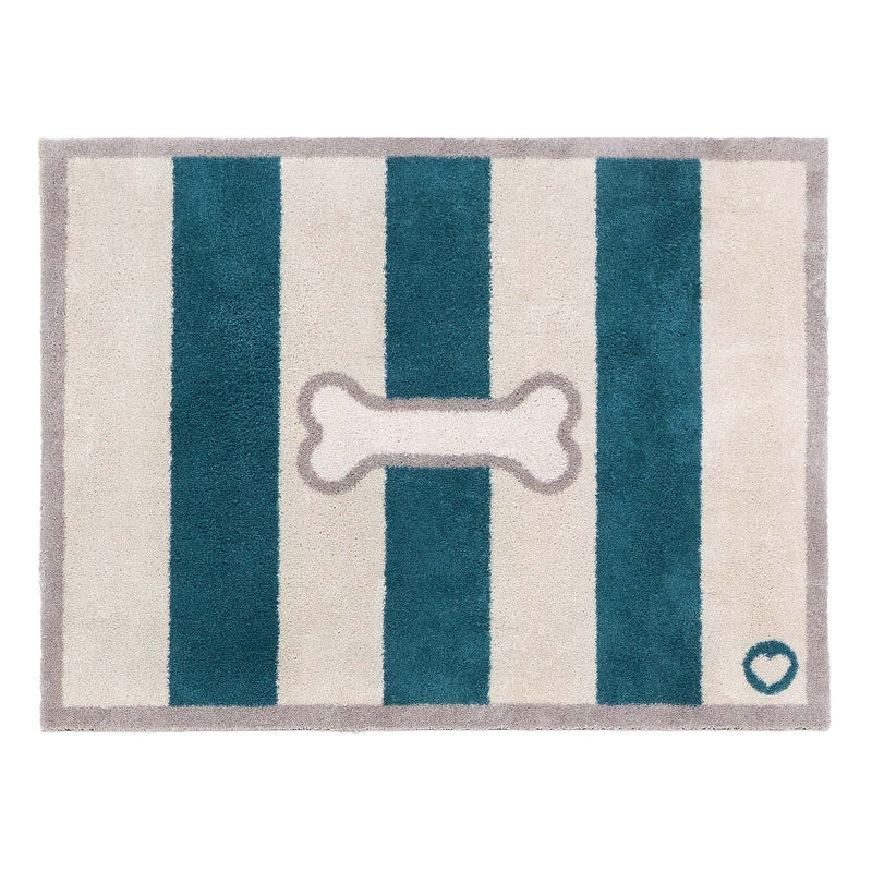 Bone Stripe Teal Doormat- 100% recycled cotton doormat featuring a striped pattern with a bone in the centre.