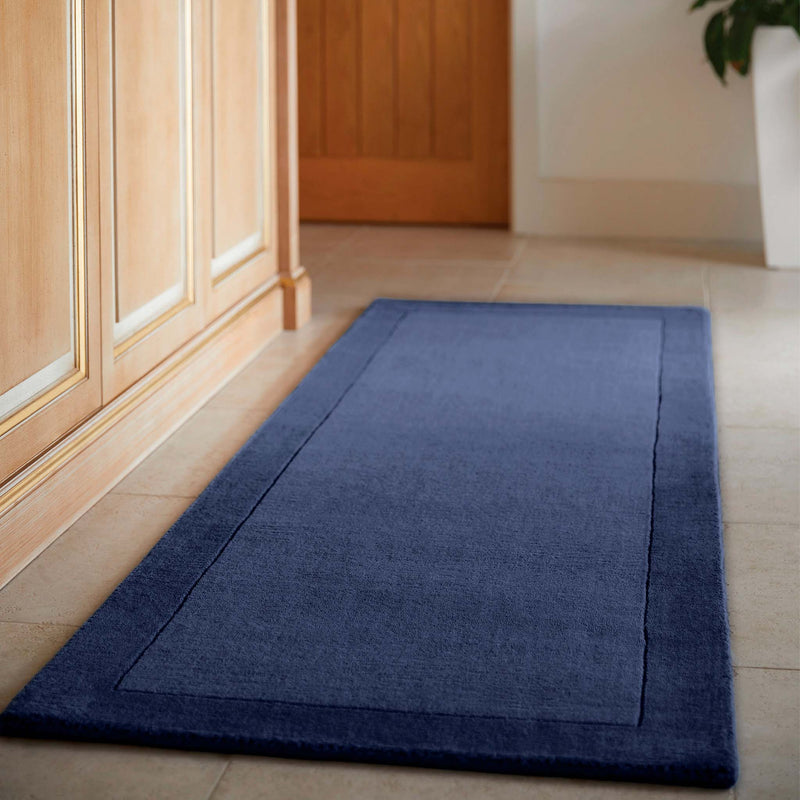 Borders Navy Blue 100% wool runner with a two-tone border design.