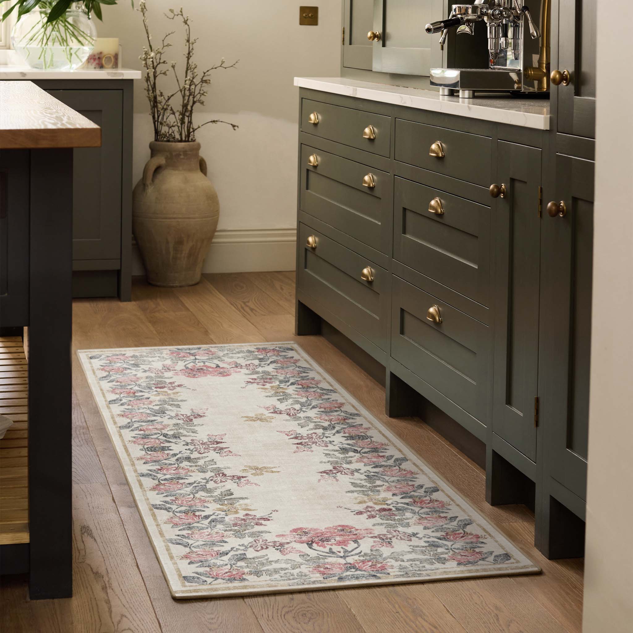 Botanical Border Eco-Washable Runner with a floral pattern, styled in a kitchen.
