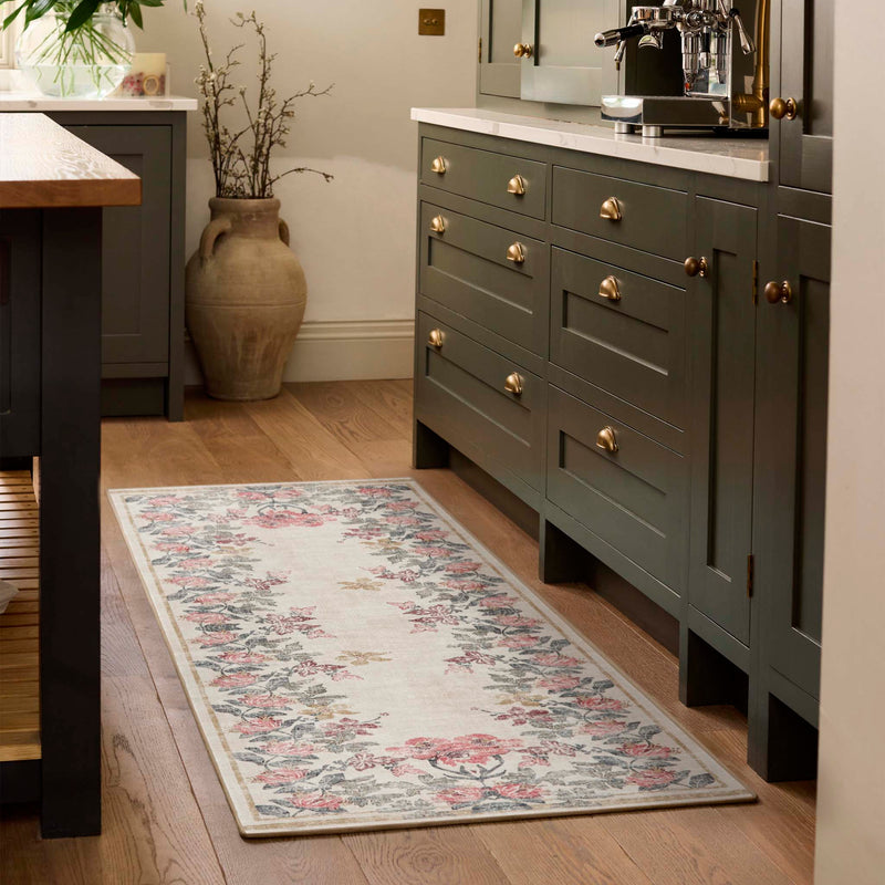 Botanical Border Eco-Washable Runner with a floral pattern, styled in a kitchen.