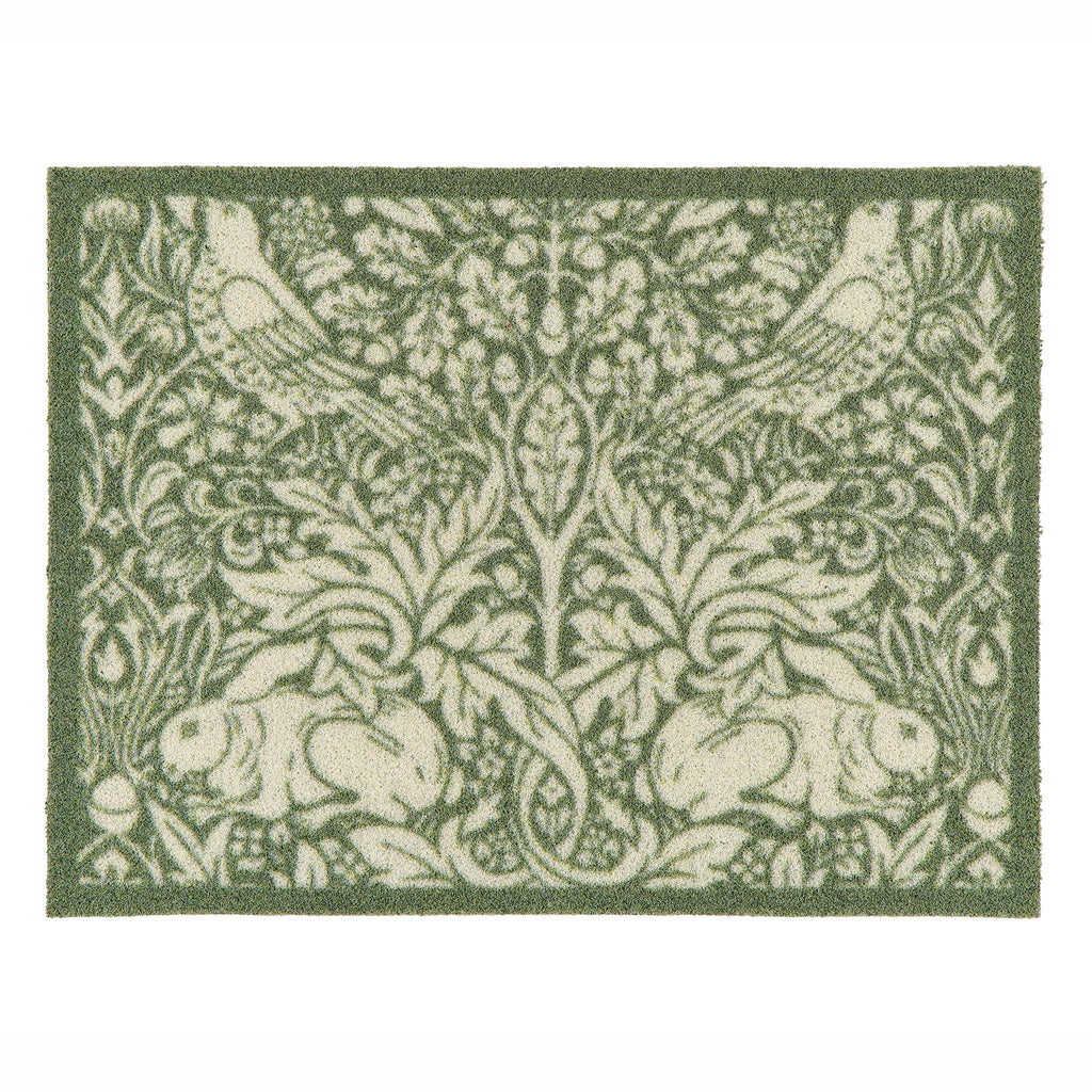 A rectangular outdoor doormat featuring a classic William Morris-style botanical and animal pattern with green and cream rabbits, birds, and foliage, shown flat against a white background