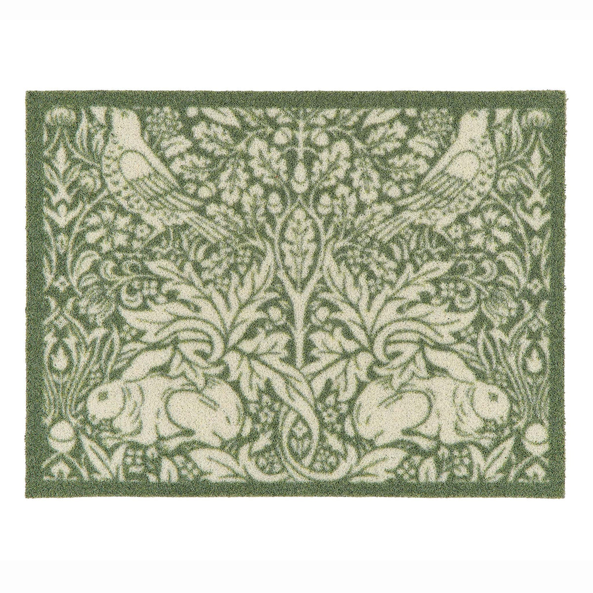 A rectangular outdoor doormat featuring a classic William Morris-style botanical and animal pattern with green and cream rabbits, birds, and foliage, shown flat against a white background
