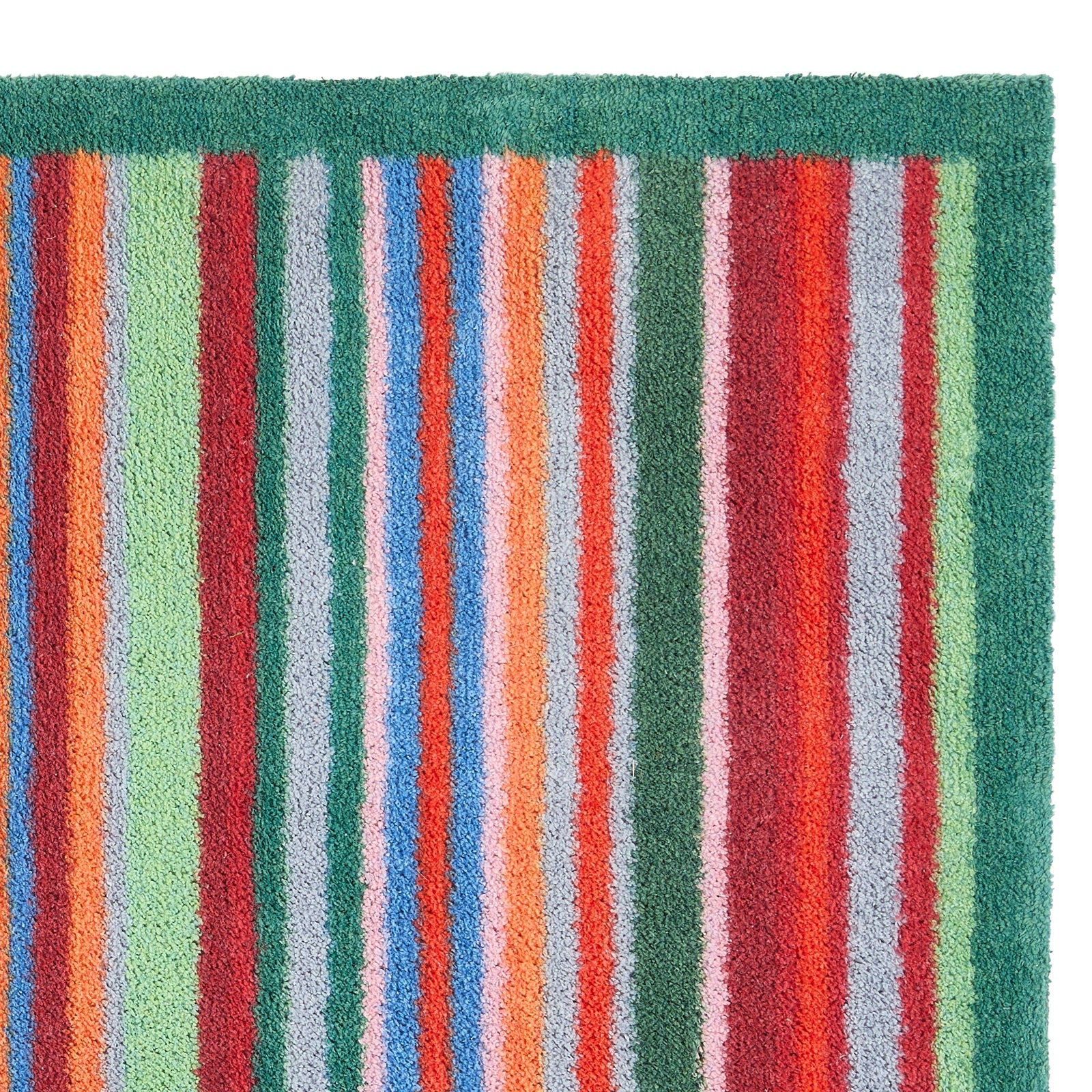 Bright Green Stripe Washable Runner- a 100% recycled cotton runner featuring a bright striped design in green, red, orange, and blue.