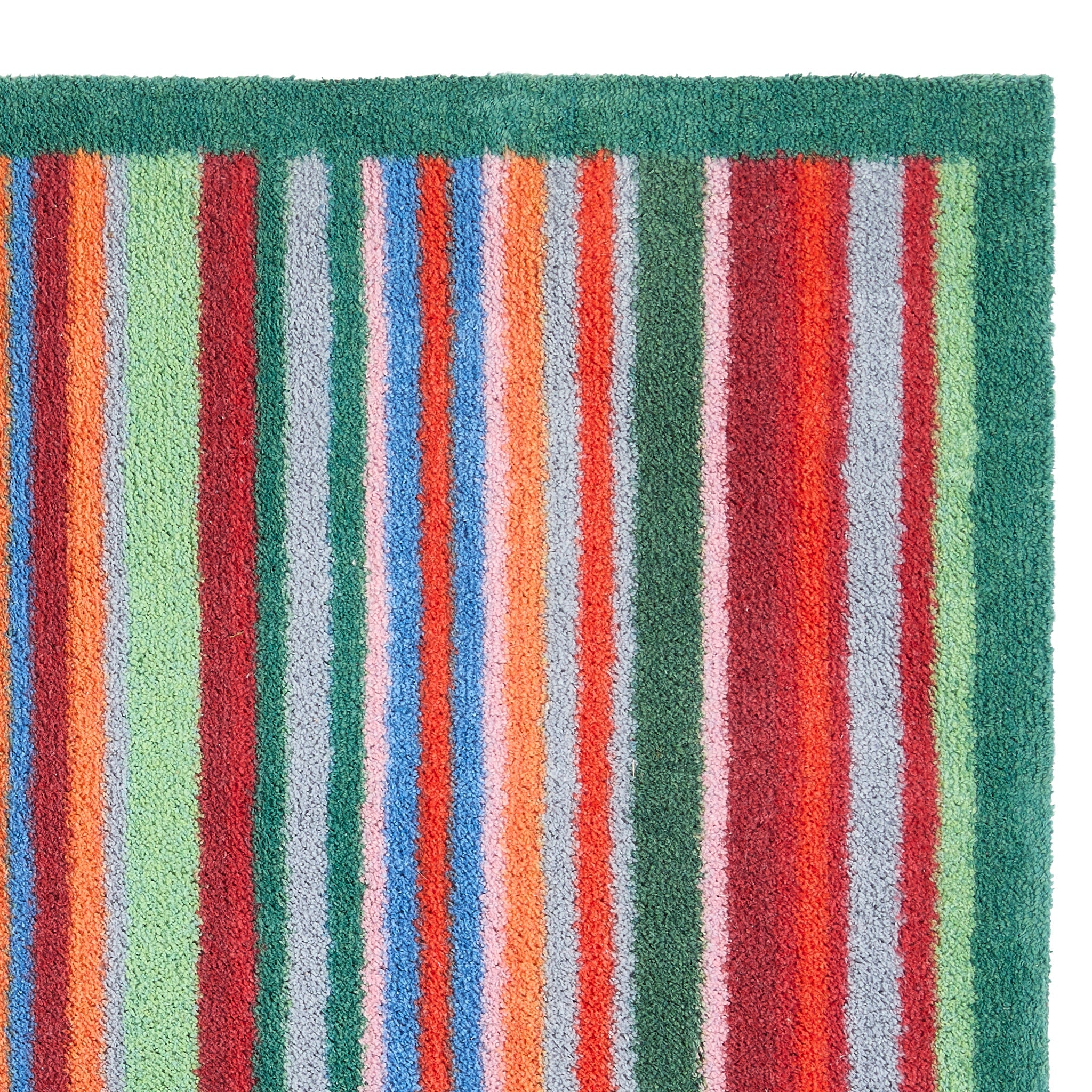 Bright Green Stripe Washable Runner- a 100% recycled cotton runner featuring a bright striped design in green, red, orange, and blue.