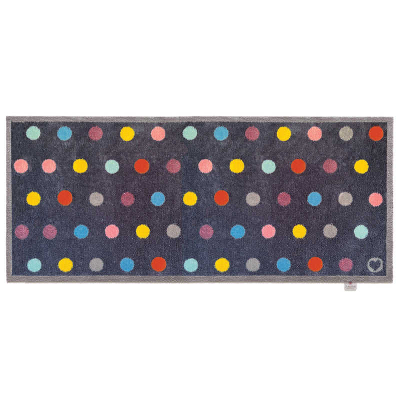 Bright Spot 1 Charity Runner- a 100% recycled cotton runner featuring a multi-coloured spot pattern in blue, yellow, pink, purple and grey. 