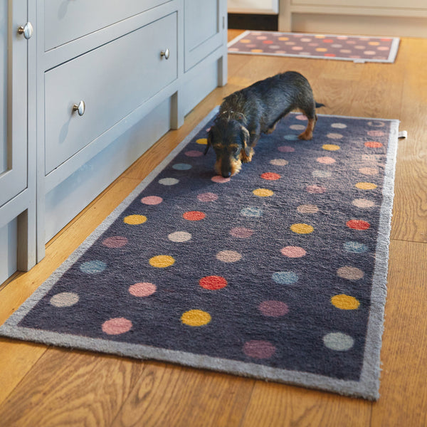  Bright Spot 1 Charity Runner- a 100% recycled cotton runner featuring a multi-coloured spot pattern in blue, yellow, pink, purple and grey. 