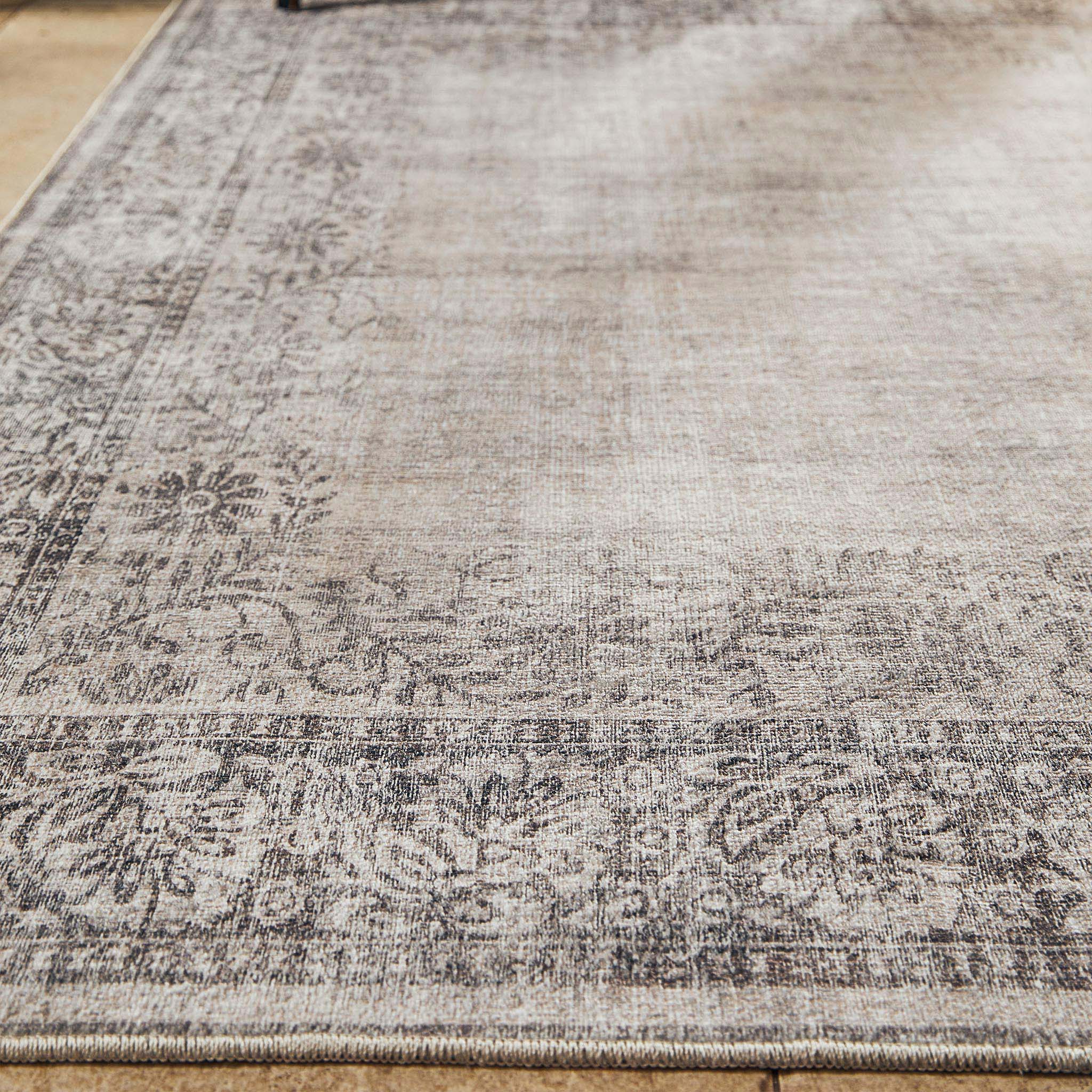 Brocade Border Runner- 100% reycled cotton runner in grey featuring a vintage inspired pattern.