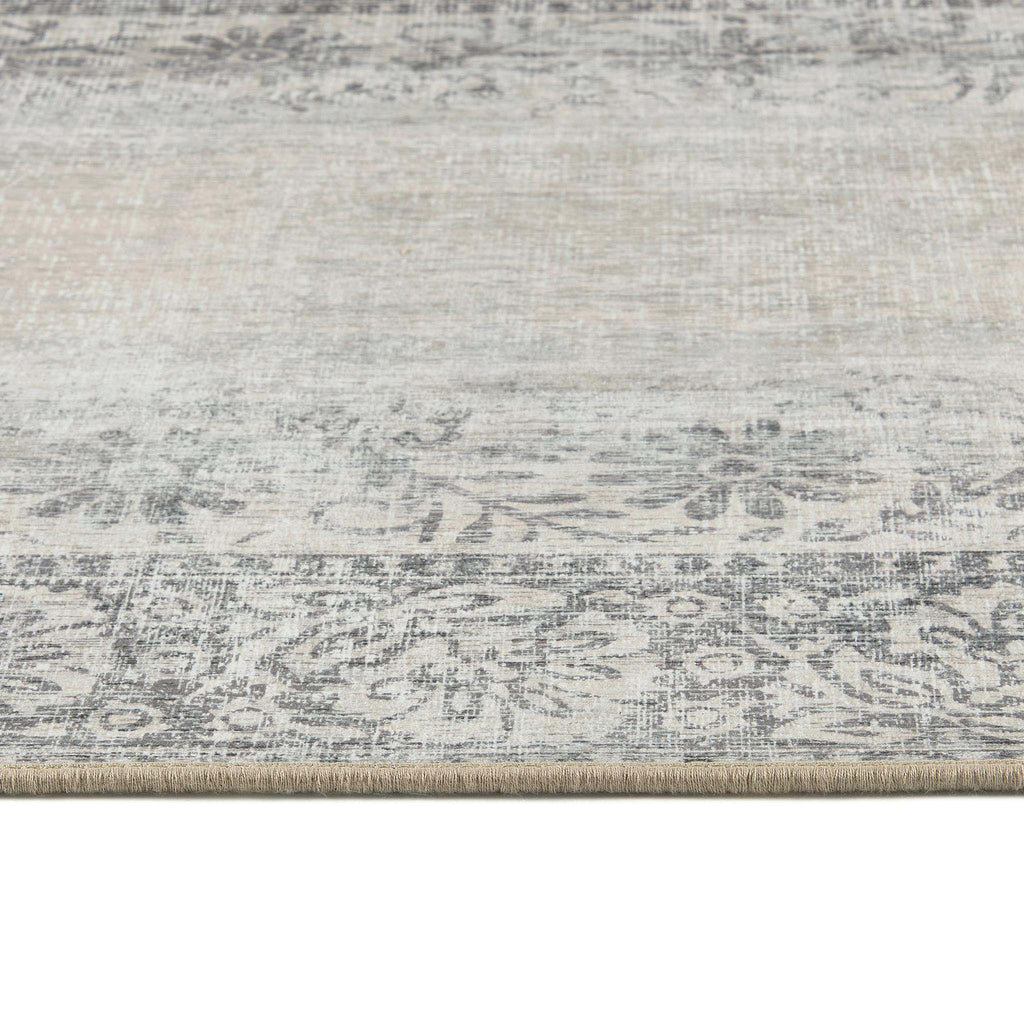 Brocade Border Eco-Washable Rug- 100% recycled content rug featuirng a vintage inspired design in grey.