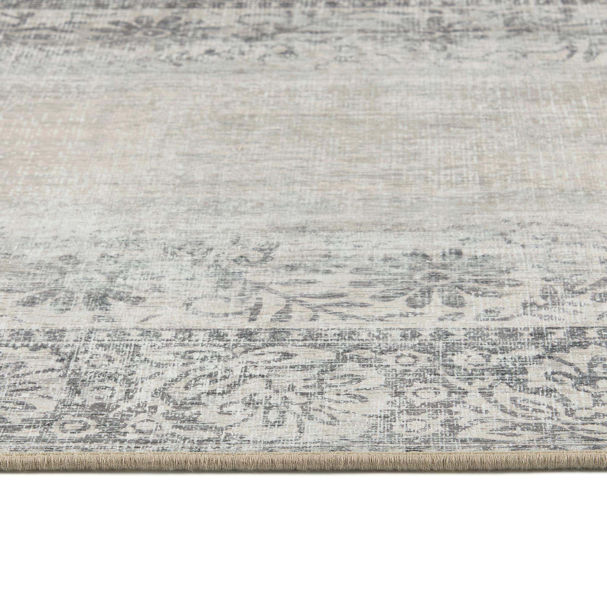Brocade Border Eco-Washable Rug- 100% recycled content rug featuirng a vintage inspired design in grey.