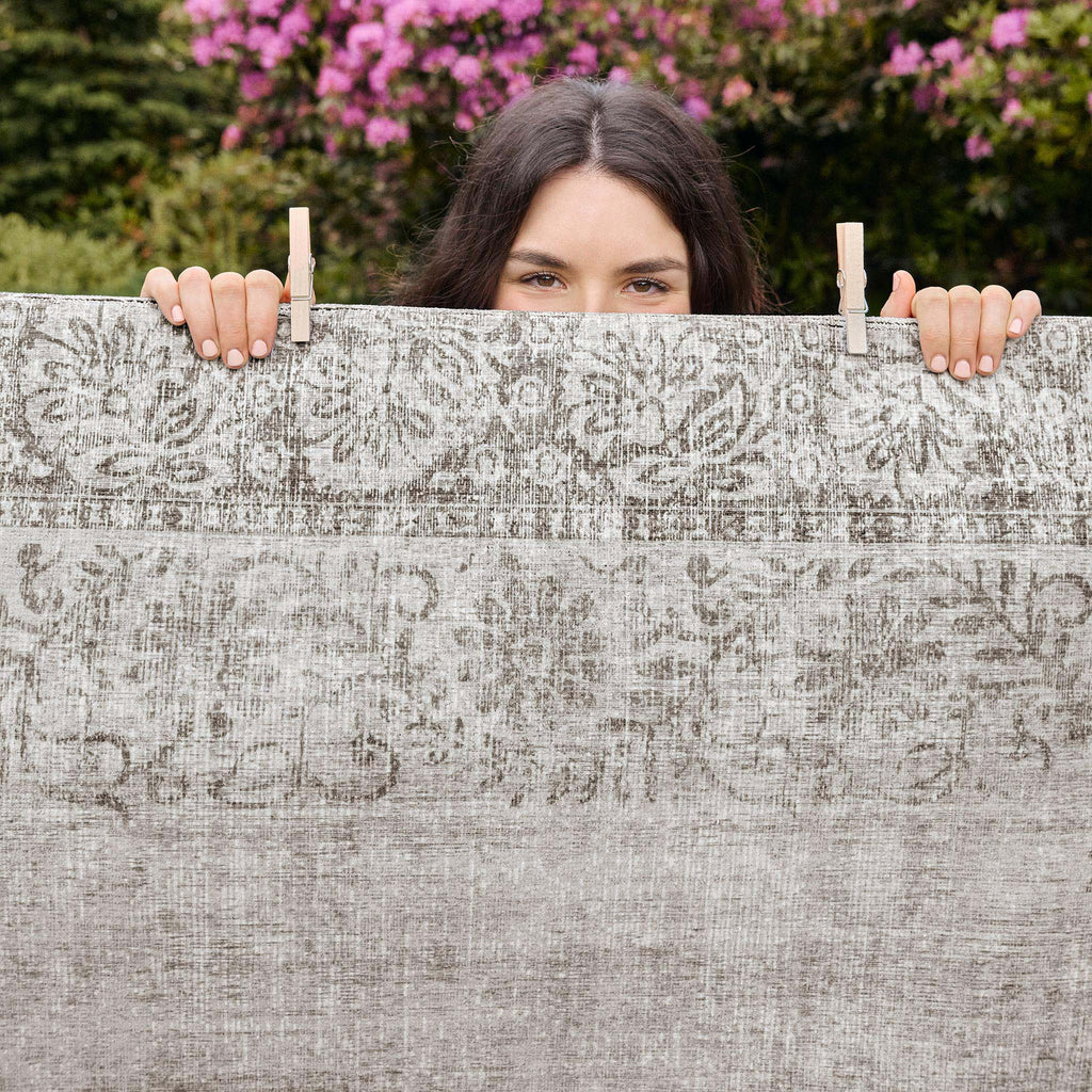 Brocade Border Eco-Washable Rug- 100% recycled content rug featuirng a vintage inspired design in grey.