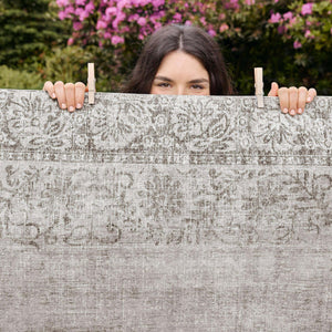 Brocade Border Eco-Washable Rug- 100% recycled content rug featuirng a vintage inspired design in grey.