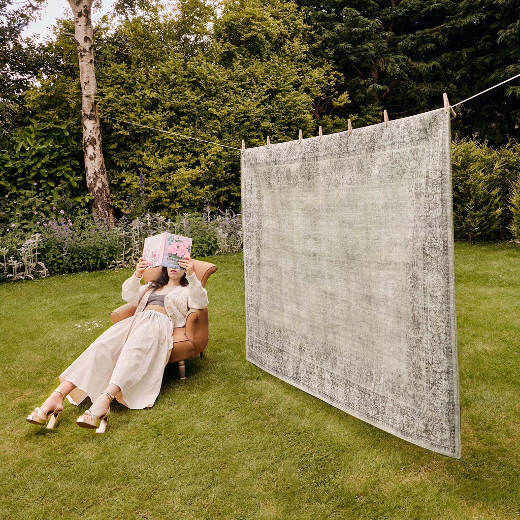 Brocade Border Eco-Washable Rug- 100% recycled content rug featuirng a vintage inspired design in grey.