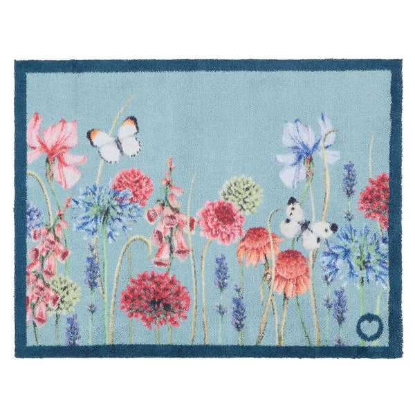 Butterfly Garden Blue Doomat- 100% recycled cotton doormat featuring a wildflower garden and butterflies.
