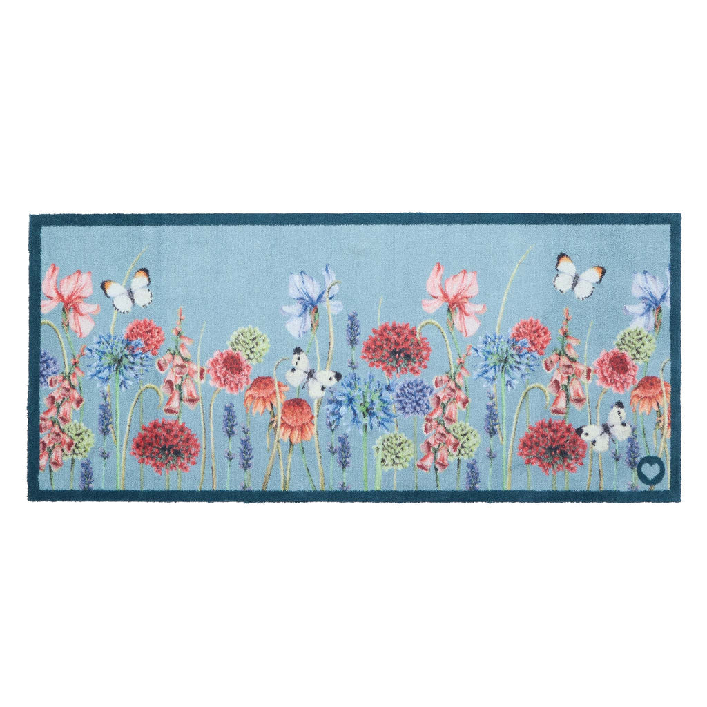 Butterfly Garden Blue Runner- 100% recycled cotton runner featuring a wildflower garden and butterflies. 