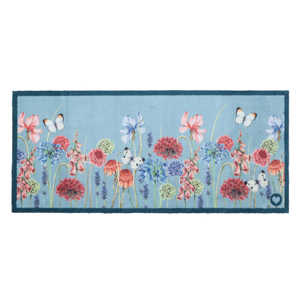Butterfly Garden Blue Runner- 100% recycled cotton runner featuring a wildflower garden and butterflies. 