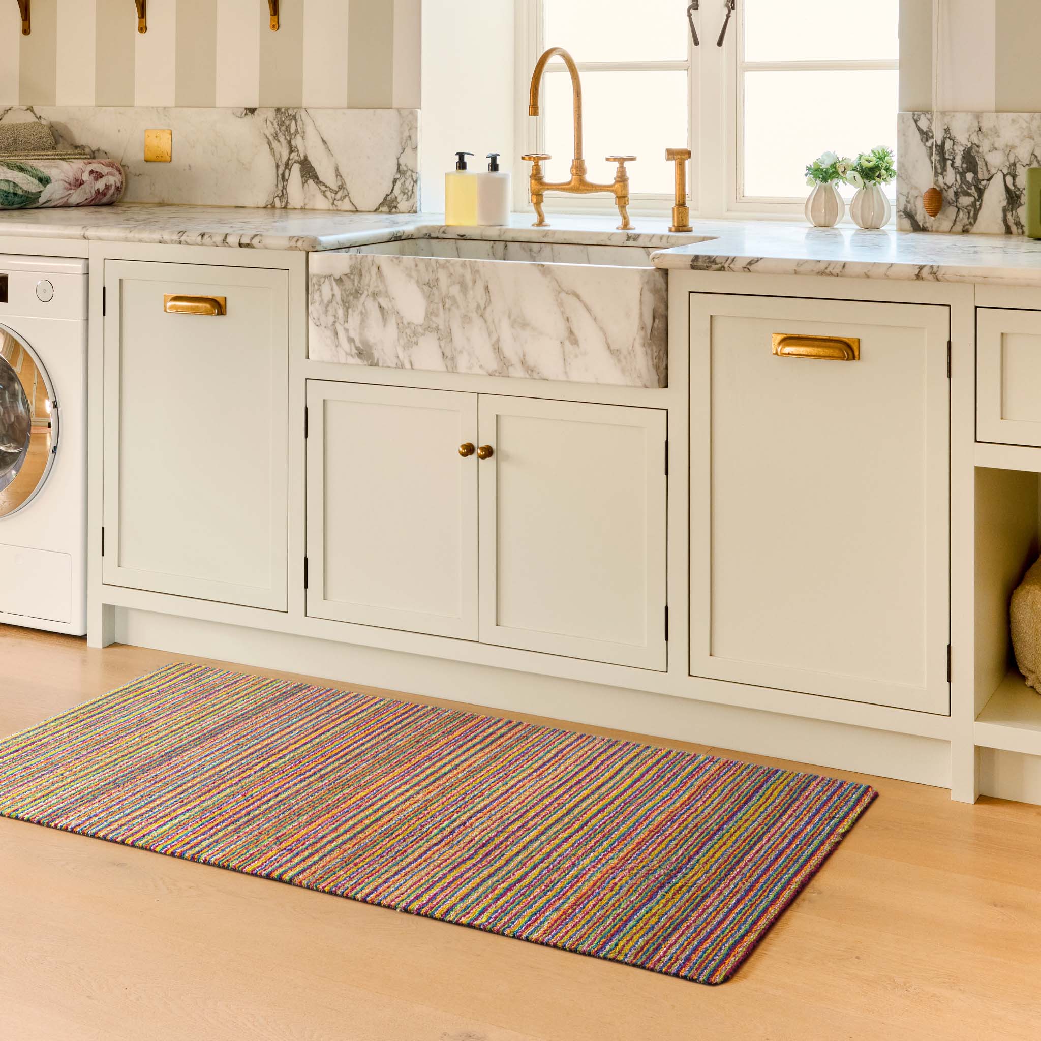 Candy Bright Multi Washable Runner with a striped design, styled in a kitchen.