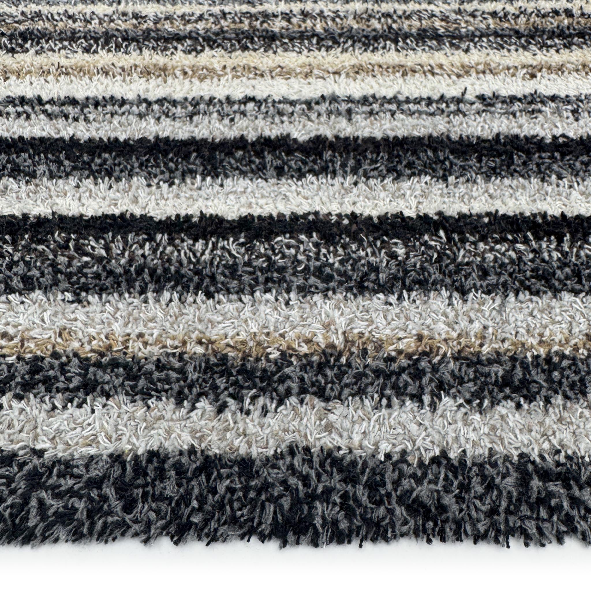 Candy Monochrome Washable Runner- a 100% recycled material runner featuring a subtle striped pattern in beige, grey, brown, black, and white. 