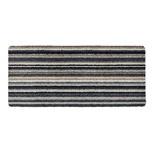 Candy Monochrome Washable Runner- a 100% recycled material runner featuring a subtle striped pattern in beige, grey, brown, black, and white. 