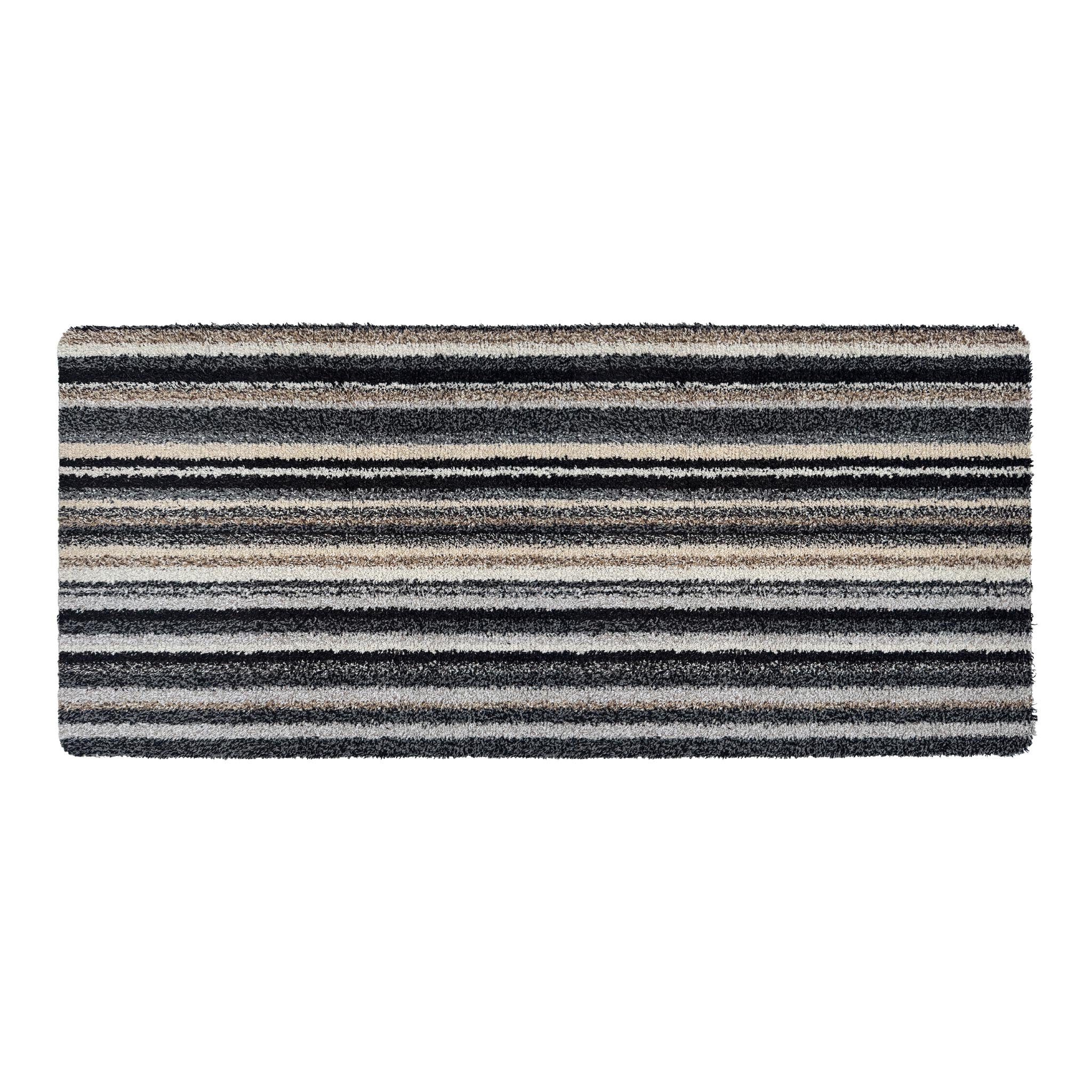 Candy Monochrome Washable Runner- a 100% recycled material runner featuring a subtle striped pattern in beige, grey, brown, black, and white. 