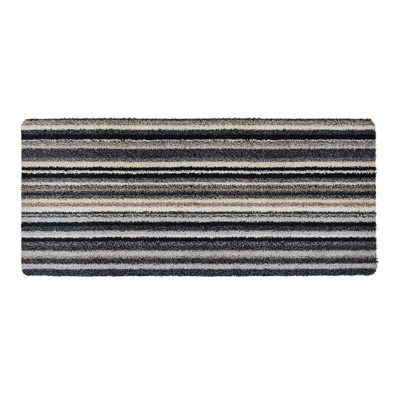 Candy Monochrome Washable Runner- a 100% recycled material runner featuring a subtle striped pattern in beige, grey, brown, black, and white. 