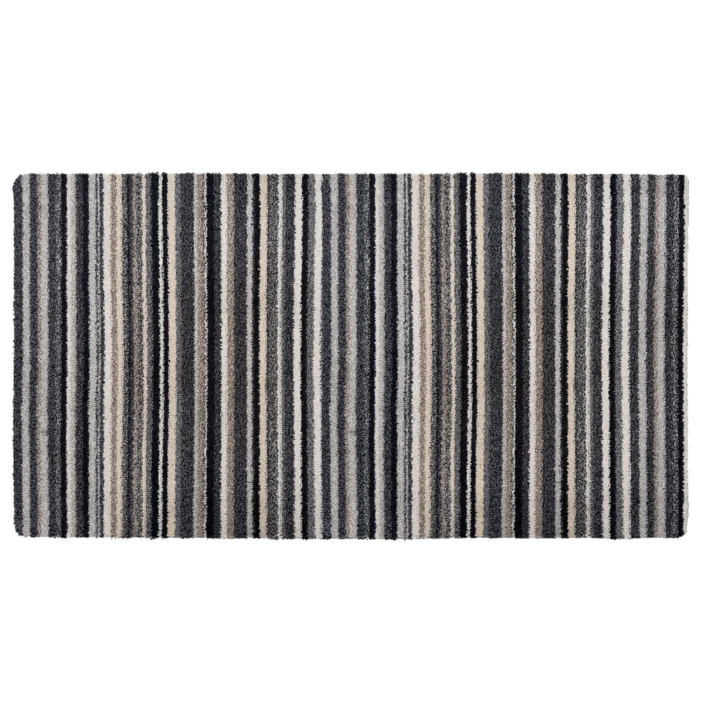 Candy Monochrome Washable Runner- a 100% recycled material runner featuring a subtle striped pattern in beige, grey, brown, black, and white. 