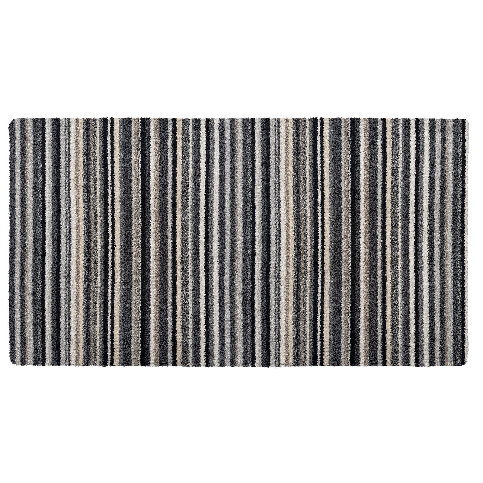 Candy Monochrome Washable Runner- a 100% recycled material runner featuring a subtle striped pattern in beige, grey, brown, black, and white. 