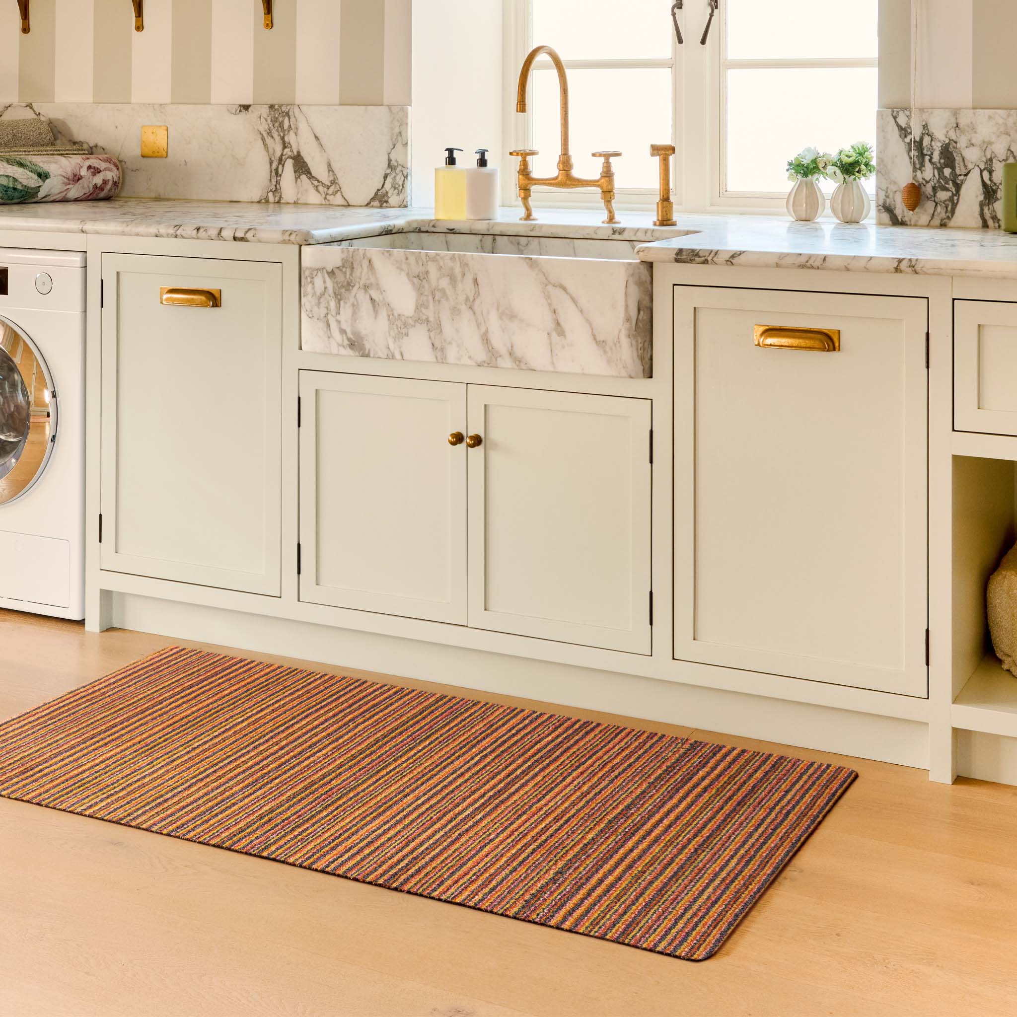 Candy Spring Stripe Multi Cotton Runner with a stripe design, styled in a kitchen.