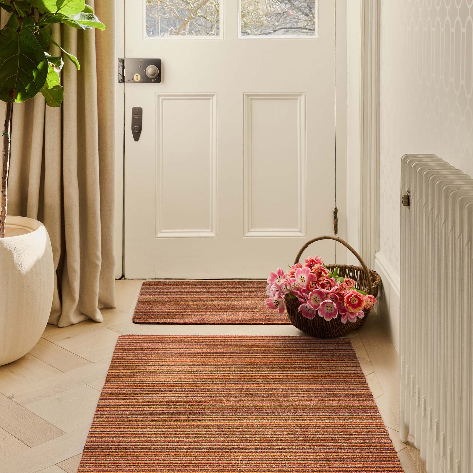 Candy Spring Stripe Cotton Doormat and Runner with a striped design, styled in a doorway.