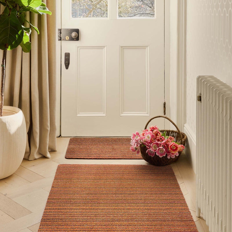 Candy Spring Stripe Cotton Doormat and Runner with a striped design, styled in a doorway.
