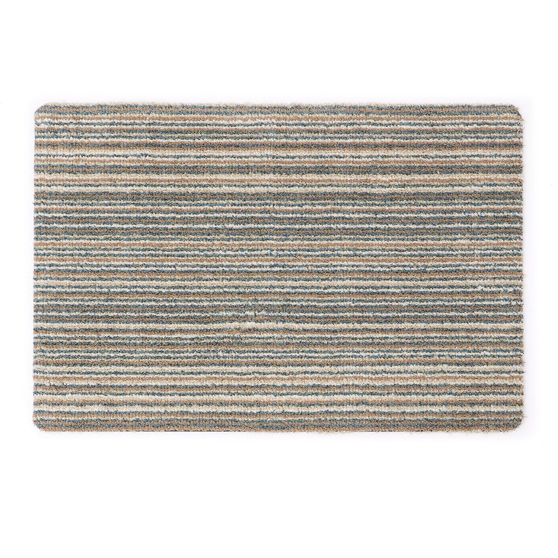 Candy Sand Stripe Washable Doormat- a recycled material doormat with a fleck design in the shades of teal, beige, brown, white, and light grey. 
