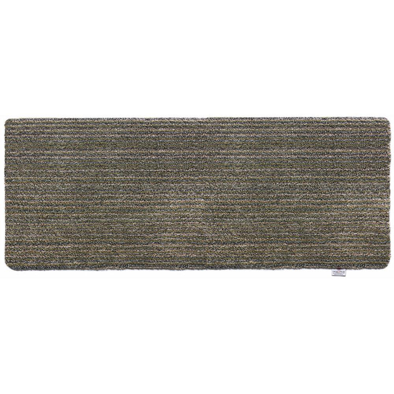 Candy Sage Green Washable Runner- a 100% recycled material runner featuring a subtle striped pattern in shades of grey, beige, and medium green.