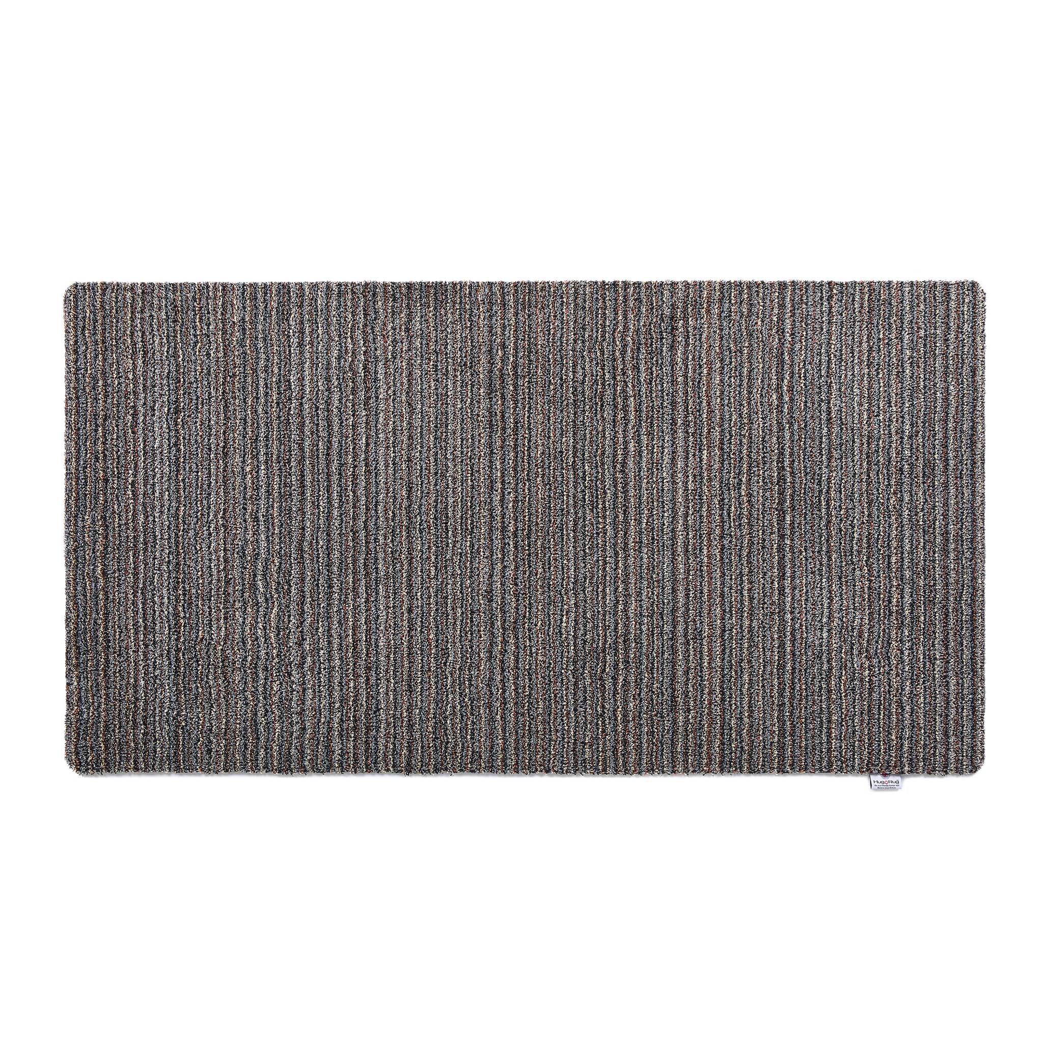 Candy Rocks Striped Washable Runner- a 100% recycled material runner featuring a subtle striped pattern in shades of beige, grey, and orange. 