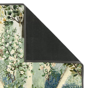 Carpet Garden Sanctuary Eco-Washable Rug with a garden inspired pattern showing the rubber backing. 