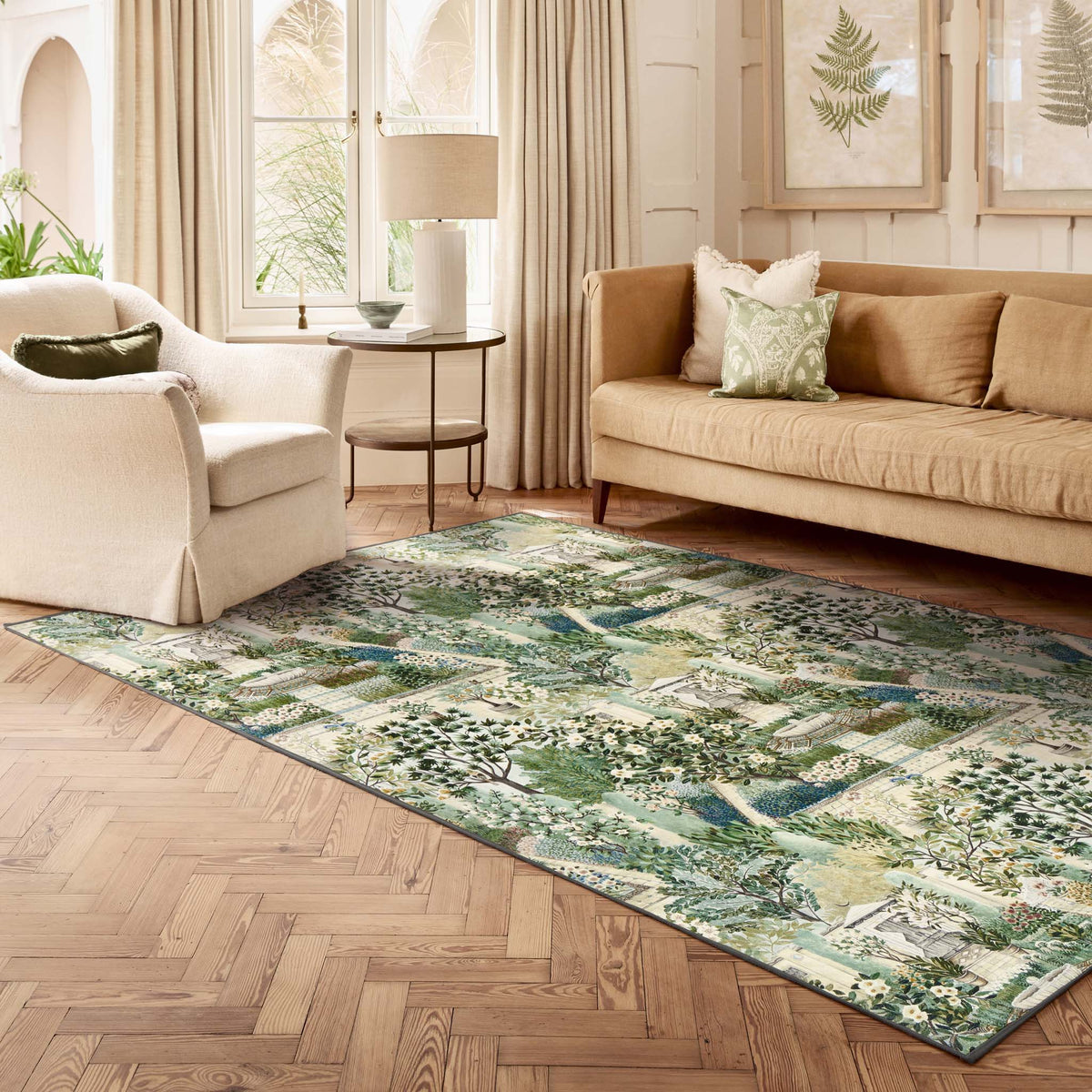 A feature rug with a Carpet Garden pattern on, in a living room.