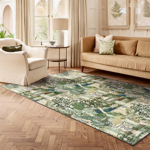 A feature rug with a Carpet Garden pattern on, in a living room.