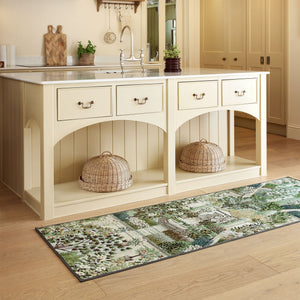 Carpet Garden Sanctuary Eco-Washable Runner with a garden inspired pattern, styled on wooden flooring.