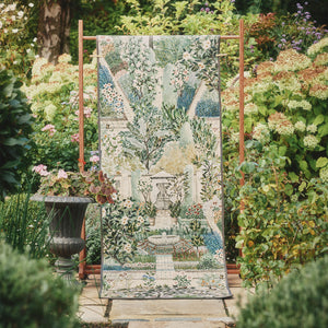 Carpet Garden Sanctuary Eco-Washable Runner with a garden inspired pattern, styled in a garden.