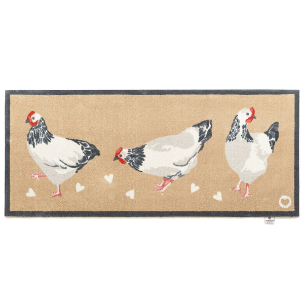 Chicken 1 Beige Washable Runner- a 100% recycled cotton runner featuring three white and grey chickens pecking at scattered white hearts. 