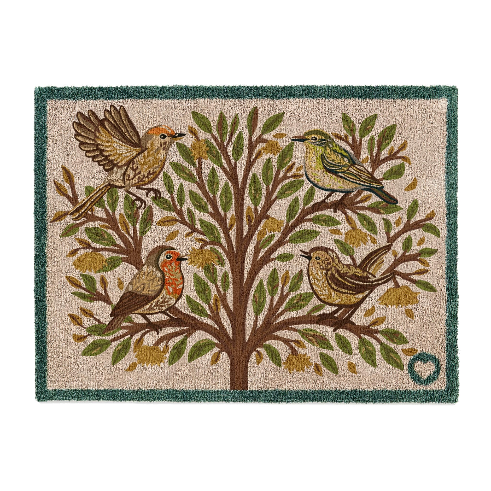 Chorus Bird Washable Doormat- a cotton doormat featuring multicoloured birds perched on a tree surround by orange and green leaves.