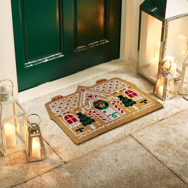Gingerbread Cottage Coir Doormat - a 100% recycled material coir doormat featuirng a colourful gingbread house.