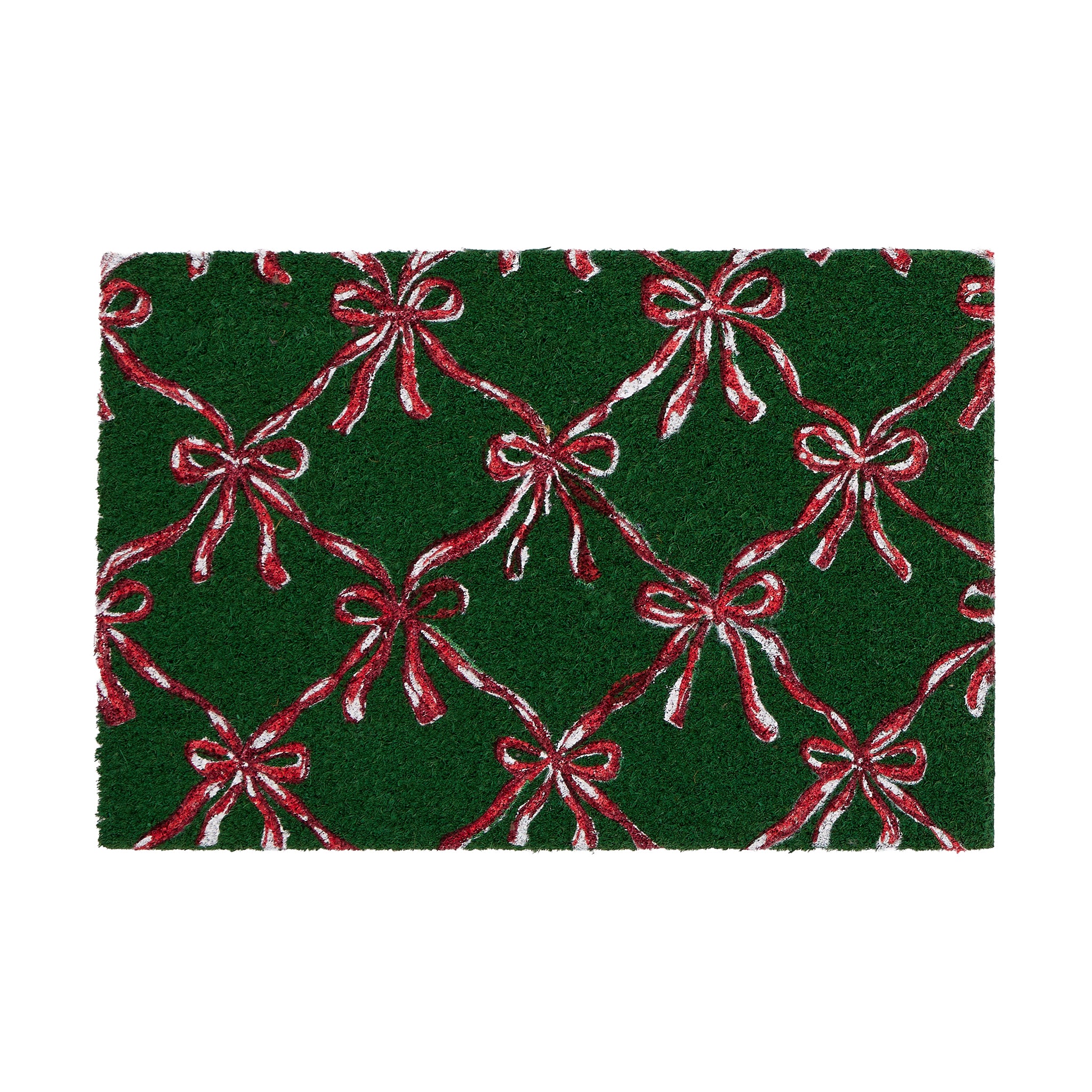 Discover the Christmas Festive Bows Coir Doormat- a coir doormat featuring pink bows against a green background. 