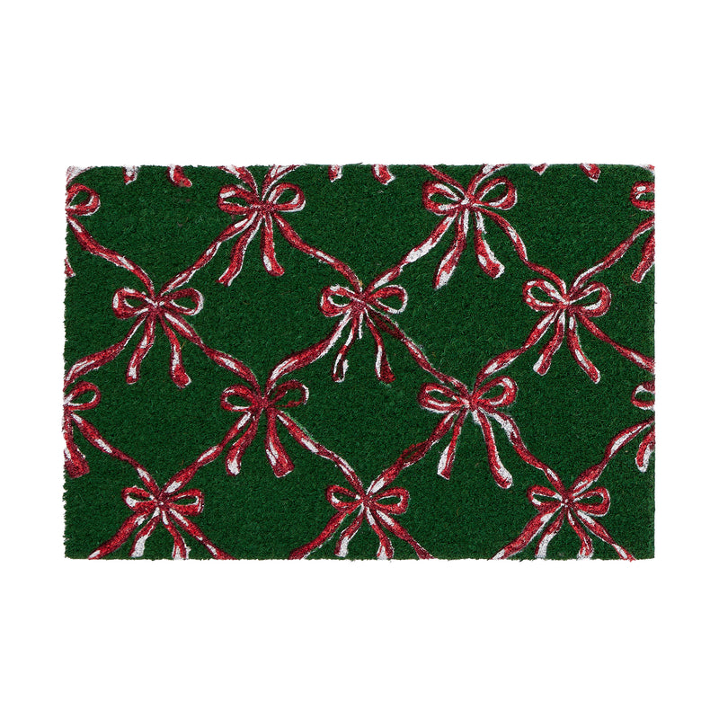 Discover the Christmas Festive Bows Coir Doormat- a coir doormat featuring pink bows against a green background. 