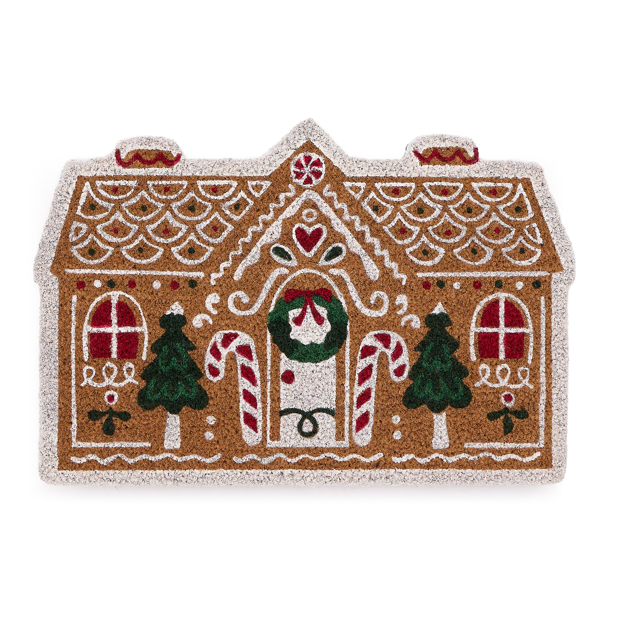 Discover the Christmas Gingerbread Cottage Coir Doormat- a coir doormat shaped as a gingerbread house decorated with sweets and icing. 