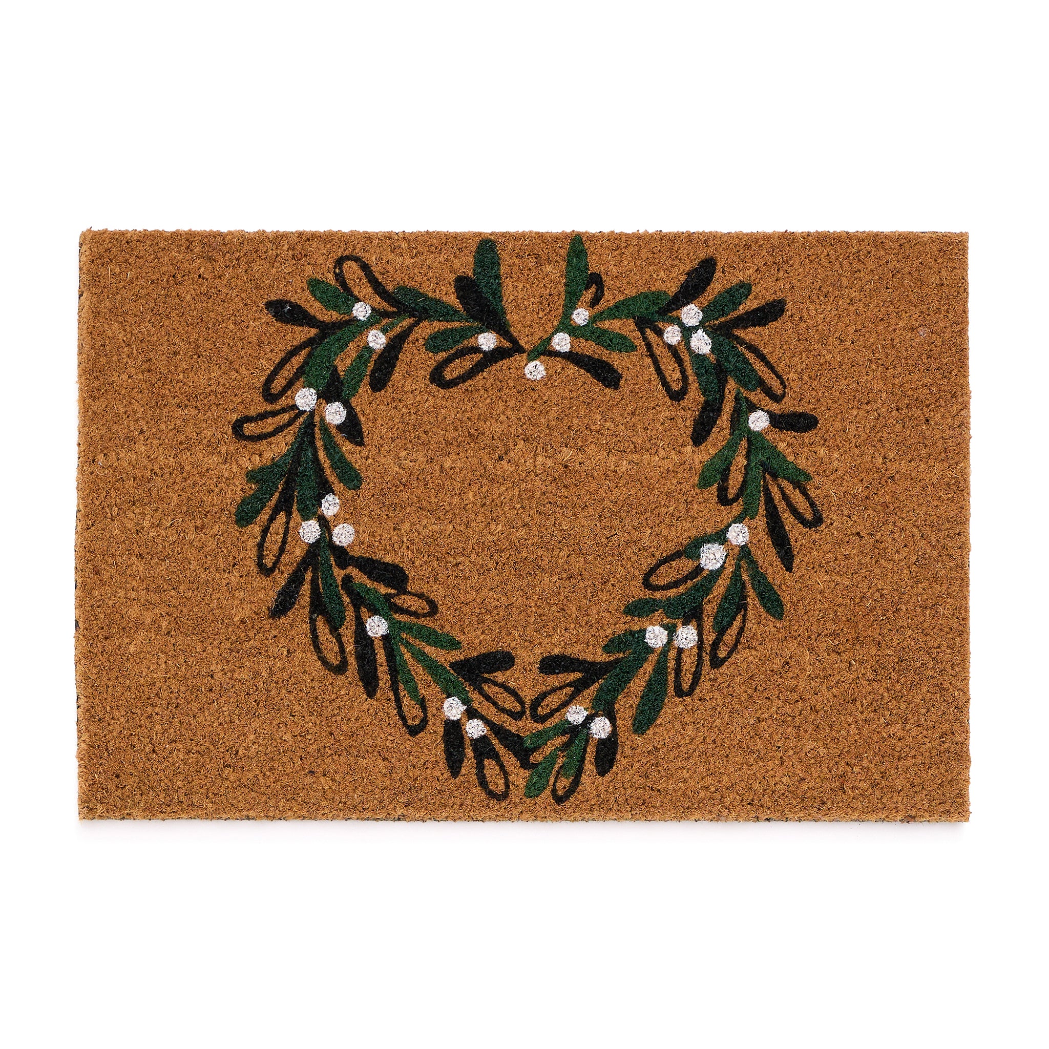 Discover the Christmas Mistletoe Heart Coir Doormat- a coir doormat featuring a heart wreath decorated with mistletoe. 