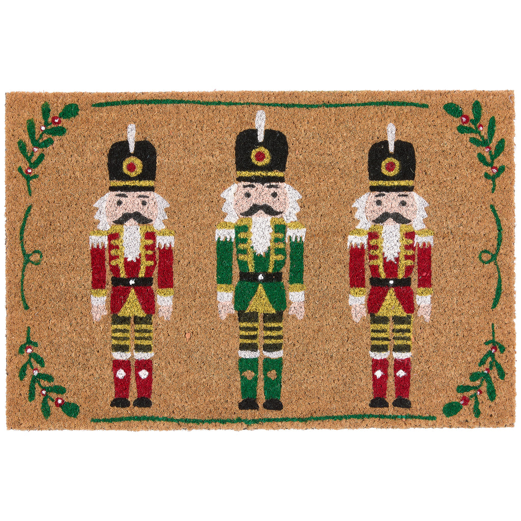 Christmas Nutcracker Coir Doormat with three colourful nutcrackers.